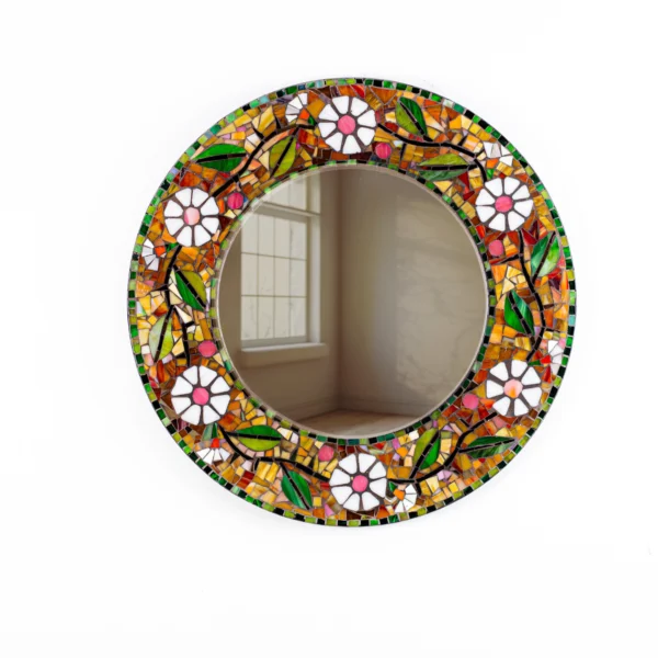 Vibrant Daisy & Foliage Stained Glass Mosaic Mirror