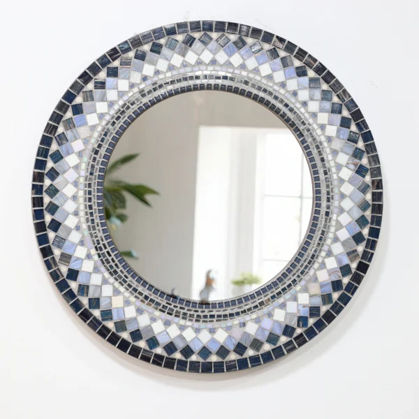 Geometric Checkered Round Mosaic Mirror (Blue & White Tones)