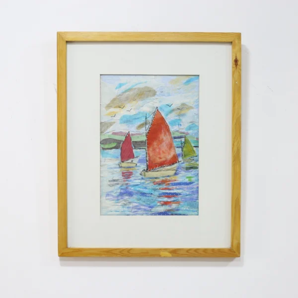 Vibrant Sailboats Framed Original Art / Mixed Media