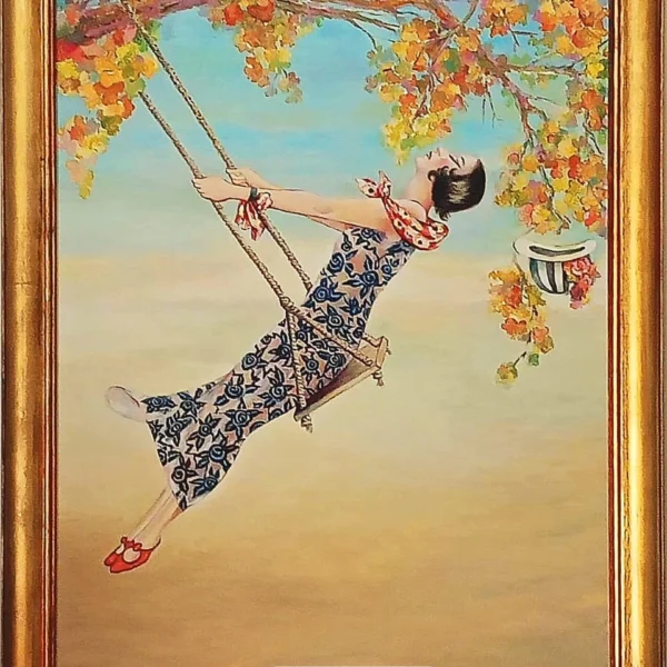 Vintage Joy: Woman on Swing Figurative Painting